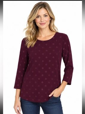 ANN TAYLOR Plum Purple Polka Dot 3/4 Sleeve Gold Zipper Back Blouse  M NWOT